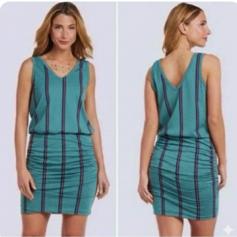 Sundry Teal Ruched Bodycon Striped Mini Knit Sleeveless Dress S Vacation Party